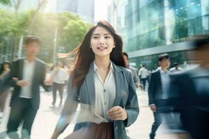 Beautiful Businesswoman Walking in Modern City, Asian Woman Walks on a Crowded Pedestrian Street, Business Manager Surrounded by Blur People on Busy Street. photo