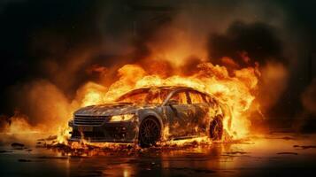 Car on Fire Accident, Burning Car Background, Car Insurance Concept. Generative Ai photo