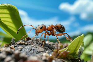 Close up Shot of Ant Finding Food on Leaf Cloudy Blue Sky Background. Generative Ai photo