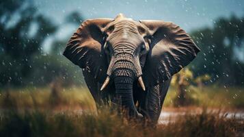 Epic Photography Shot of Elephant on Rainy Day. Lively Rainy Season Concept. Generative Ai photo