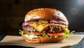 Front View of Burger With Beef Meat Melted Cheese and Vegetables - AI Generated photo