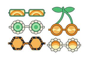 Set Groovy Sunglasses in Retro Hippie Style. Vector Eyewear in 1970s. Vector Flat illustration.