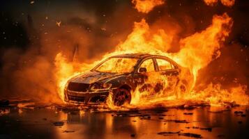 Car on Fire Accident, Burning Car Background, Car Insurance Concept. Generative Ai photo