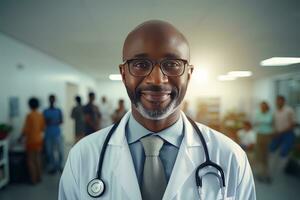 retrato de un africano médico con estetoscopio en el hospital, experimentado mayor médico médico sonriente y mirando a cámara. foto