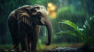épico fotografía Disparo de elefante en lluvioso día. animado lluvioso temporada concepto. generativo ai foto