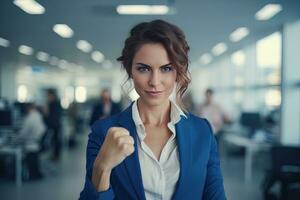 Confident Businesswoman Showing a Fighting Pose, Beautiful Manager Gestures Raising Fists in Modern Office, Female Entrepreneur Fights a Problem photo