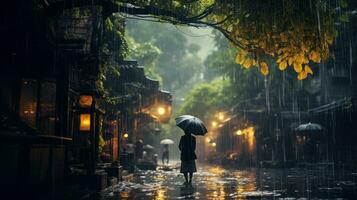 Human Daily Life on Rainy Day. Enjoying Rainfall and Happy Life, Lively Rainy Season Concept. Generative Ai photo