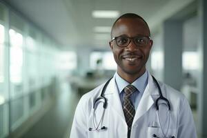 retrato de un africano médico con estetoscopio en el hospital, experimentado mayor médico médico sonriente y mirando a cámara. foto