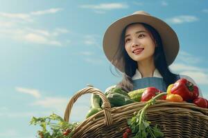 Asian Female Farmer with Basket of Fresh Vegetables, Presenting Organic Vegetables, Healthy Food photo