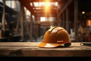 Safety Construction helmet on Table, Hard Cap, Construction Site Blur Background. photo