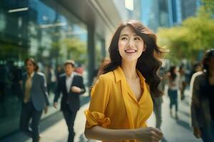 Beautiful Businesswoman Walking in Modern City, Asian Woman Walks on a Crowded Pedestrian Street, Business Manager Surrounded by Blur People on Busy Street. photo