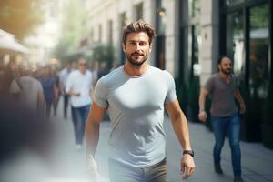 European Man Walking in Modern City, Handsome Europe Guy Walks on a Crowded Pedestrian Street. photo