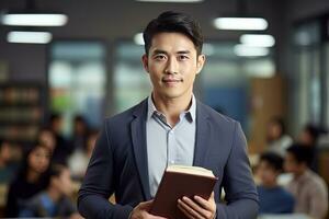 Portrait of Happy Asian Male Teacher with a Book in School, Young Man Tutor Smiling and Looking at the Camera photo