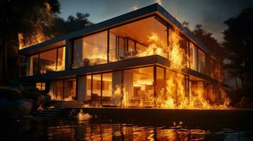 House on Fire Accident, Burning Car Background, Home Insurance Concept. Generative Ai photo