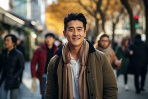 Asian Man Walking in Modern City, Handsome Asia Guy Walks on a Crowded Pedestrian Street. photo