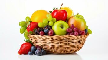 Fresh Fruits in Basket isolated on White Background, Healthy fruits Rich in Vitamins. Generative Ai photo