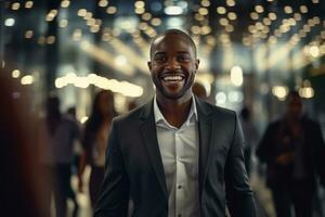 retrato de contento africano americano empresario caminando en calle a noche, sonriente negro gerente en moderno ciudad rodeado por borroso gente. foto