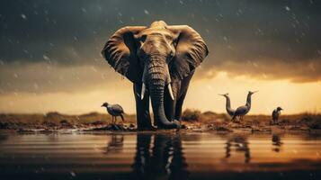 Epic Photography Shot of Elephant on Rainy Day. Lively Rainy Season Concept. Generative Ai photo