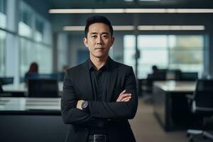 Portrait of a Handsome Businessman in Modern Office, Asian Manager Looking at Camera and Smiling, Confident Male CEO Planning and Managing Company Strategy. photo