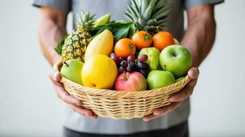 Man Holding Basket of Fruits, Farmer presenting Fresh Fruits, Healthy Food Rich in Vitamins. Generative Ai photo