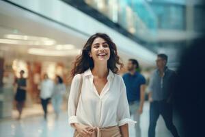 retrato de contento hembra va a compras en ropa almacenar, hermosa hombre caminando en compras centro comercial rodeado por borroso personas foto