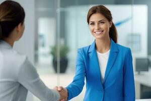 Portrait of Smiling Receptionist Female Greeting Client, Happy Business Woman Reception in Modern Office photo