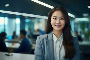 Portrait of a Beautiful Businesswoman in Modern Office, Asian Manager Looking at Camera and Smiling, Confident Female CEO Planning and Managing Company. photo