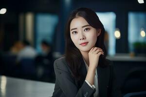 Portrait of a Beautiful Businesswoman in Modern Office, Asian Manager Looking at Camera and Smiling, Confident Female CEO Planning and Managing Company. photo