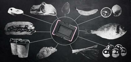 miniatura compras carro y carne, pez, vegetales y frutas son dibujado en tiza en un negro pizarra foto