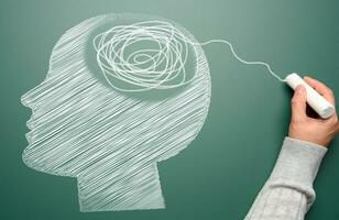 Profile of a human head with a tangled spiral in the brain area. The head is drawn in white chalk. Mental health concept photo