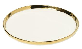 Empty round ceramic white plate with a gilded edge on a white isolated background, top view photo