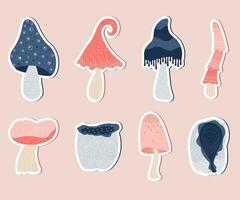 Vector set of different unusual abstract textured mushrooms. Hand drawing, lineart. Stickers, doodle, collection.