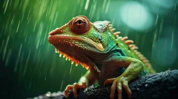 Epic Photography Shot of Chameleon on Rainy Day. Lively Rainy Season Concept. Generative Ai photo