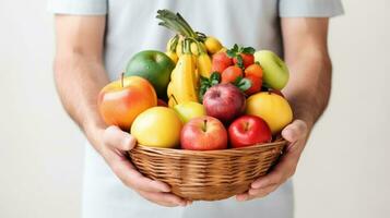 Man Holding Basket of Fruits, Farmer presenting Fresh Fruits, Healthy Food Rich in Vitamins. Generative Ai photo