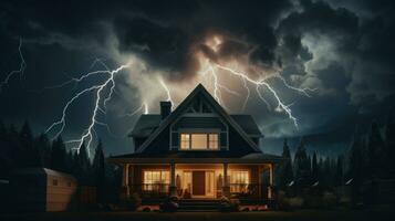 House on Heavy Lightning Thunder Strom Background, Home Insurance Concept. Generative Ai photo