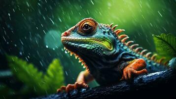 Epic Photography Shot of Chameleon on Rainy Day. Lively Rainy Season Concept. Generative Ai photo