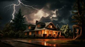 House on Heavy Lightning Thunder Strom Background, Home Insurance Concept. Generative Ai photo