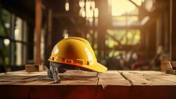 Safety Construction helmet on Table, Hard Cap, Construction Site Blur Background. photo