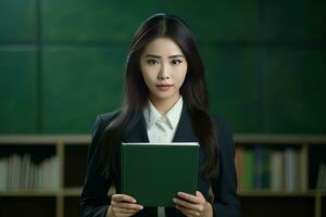 Portrait of Happy Asian Teacher with a Book in School, Young Female Tutor Smiling and Looking at the Camera photo