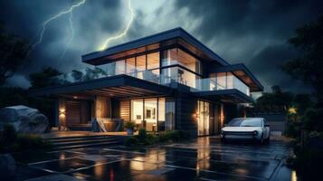 House on Heavy Lightning Thunder Strom Background, Home Insurance Concept. Generative Ai photo