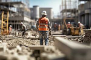 construcción trabajador vistiendo la seguridad uniforme, Ingenieria trabajos en edificio construcción sitio, civil ingeniero observa y comprobación el proyecto foto