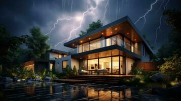 House on Heavy Lightning Thunder Strom Background, Home Insurance Concept. Generative Ai photo