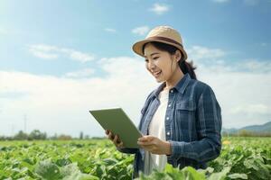 Portrait of Female Farmer Using Tablet in the Farm, Observes and Check Growth Plants, Agriculture Smart Farming Concept photo