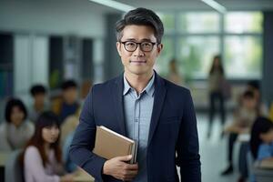 Portrait of Happy Asian Male Teacher with a Book in School, Young Man Tutor Smiling and Looking at the Camera photo