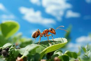 cerca arriba Disparo de hormiga hallazgo comida en hoja nublado azul cielo antecedentes. generativo ai foto