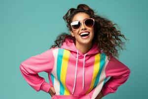 Portrait of Cheerful Woman Wears Sport Fashion, Happy Sporty Female Smiling on Studio Background, Winner Gesture Celebrating. photo