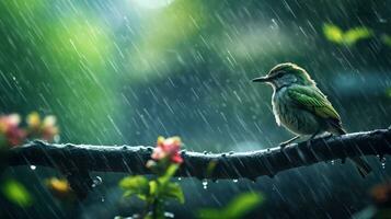 Epic Photography Shot of Bird on Rainy Day. Lively Rainy Season Concept. Generative Ai photo