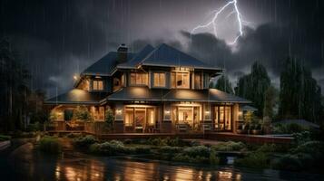 House on Heavy Lightning Thunder Strom Background, Home Insurance Concept. Generative Ai photo