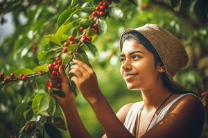 Brazilian woman picking coffee plant. Generate Ai photo