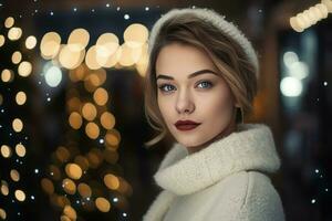 Woman winter white sweater portrait. Generate Ai photo